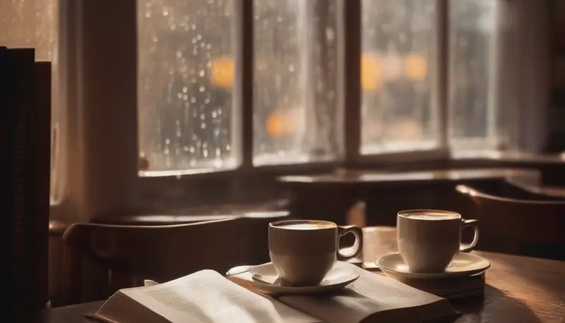 Zwei Tassen Kaffee und ein offenes Buch an einem Fenster in einer Münchner Buchhandlung